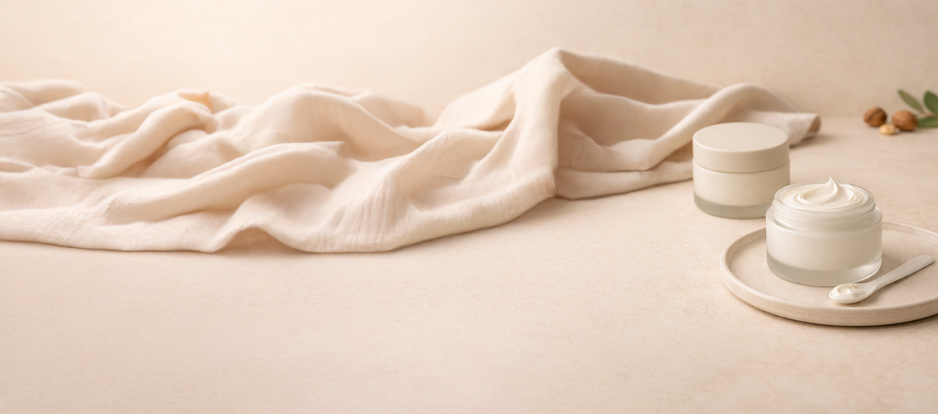 Moisturizing face cream in a glass jar on a neutral beige background.