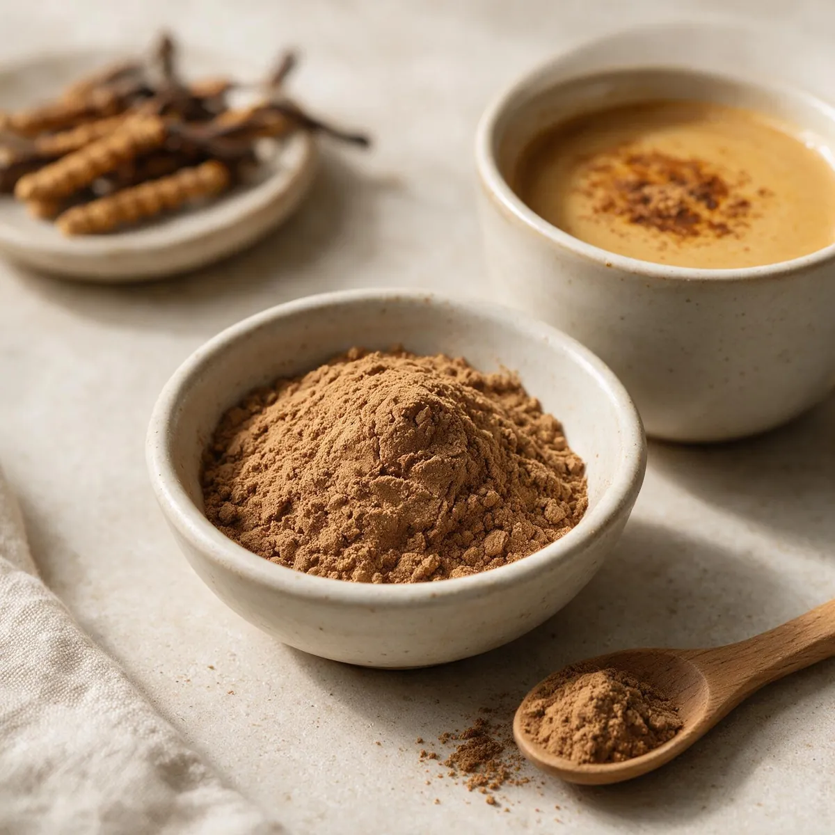 Cordyceps mushroom powder used in a functional latte, sourced from wholesale bulk supply