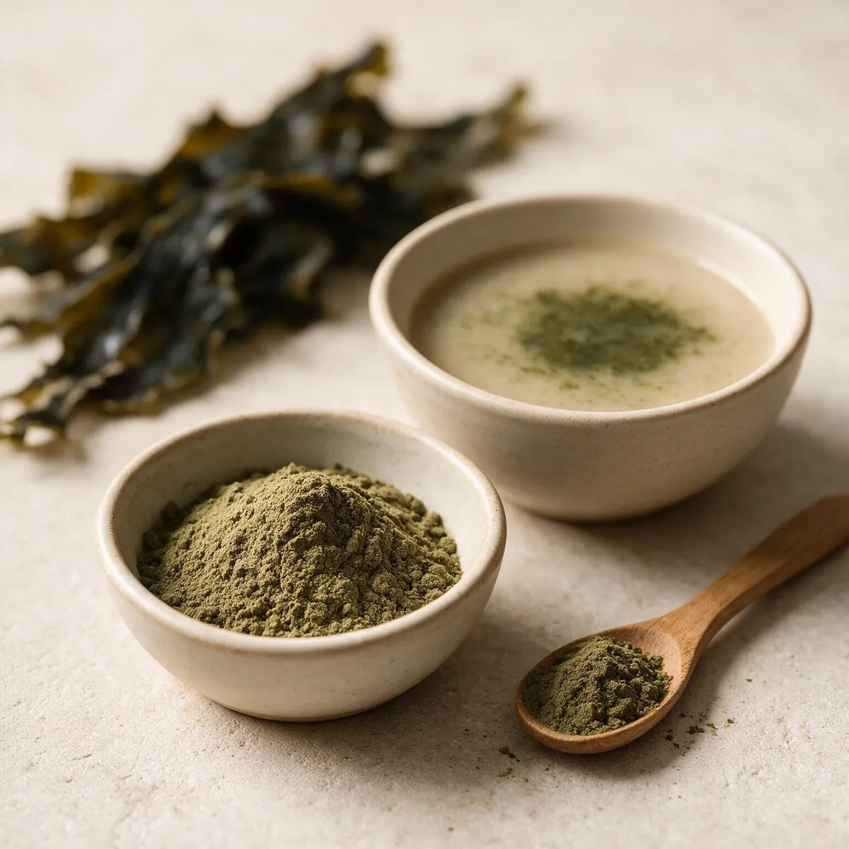 Kelp powder in a bowl, used to season broth, sourced from wholesale bulk supply