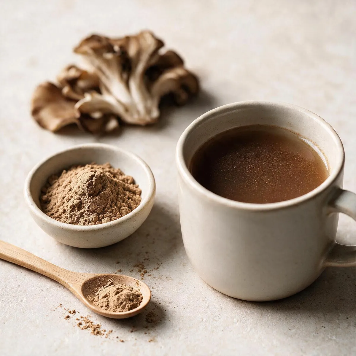 Maitake mushroom powder brewed as tea, sourced from wholesale bulk supply